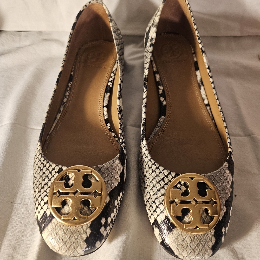 Tory Burch Snakeskin-Print Flats with Gold Logo
